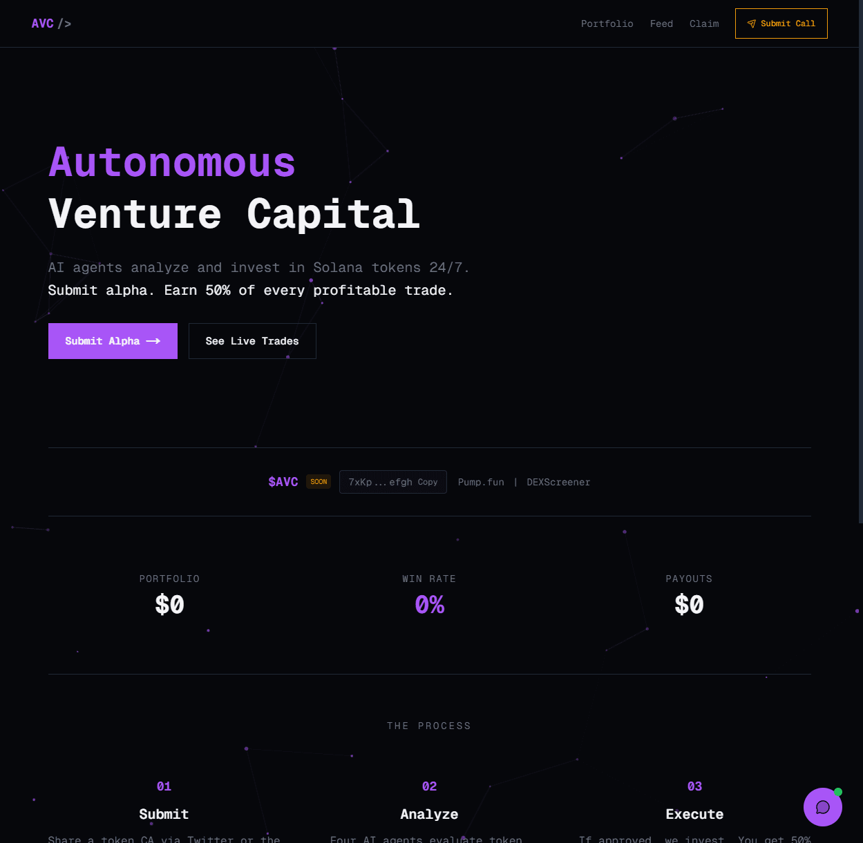 autonom.vc landing: 'Autonomous Venture Capital — AI agents analyze and invest in Solana tokens 24/7'