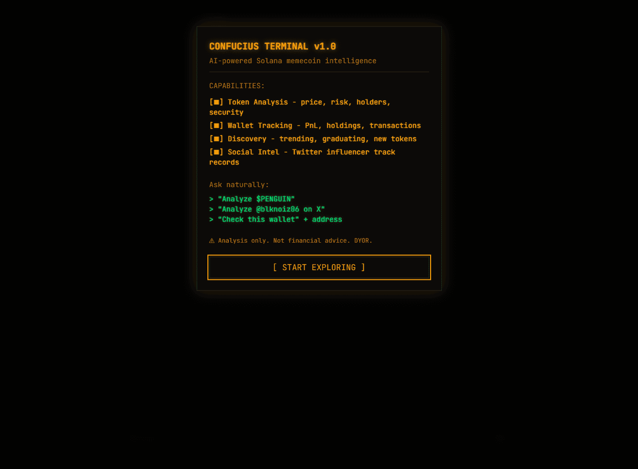 Confucius terminal: an amber CRT-style interface listing token analysis, wallet tracking, discovery and social intel capabilities