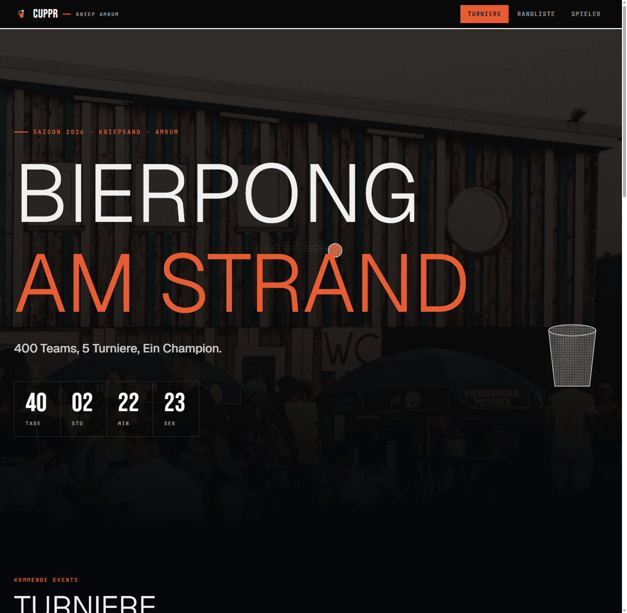 cuppr.de landing: bold 'Bierpong am Strand' headline with a live countdown to the next tournament