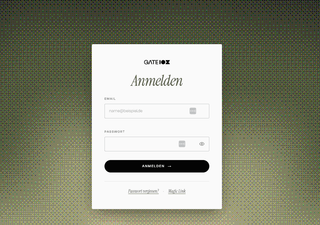 GATE108 admin login with serif wordmark and dithered background