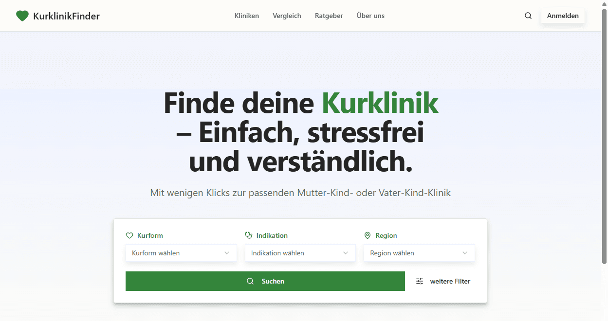 KurklinikFinder landing: 'Finde deine Kurklinik' with filters for clinic type, indication and region