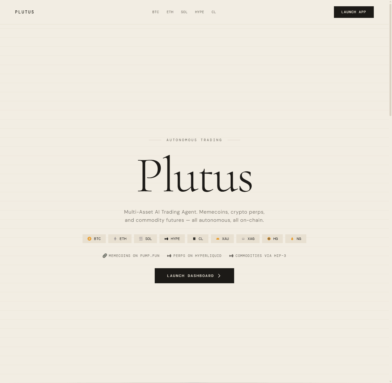 Plutus landing: 'Multi-Asset AI Trading Agent' with asset chips for BTC, ETH, SOL, HYPE and commodities